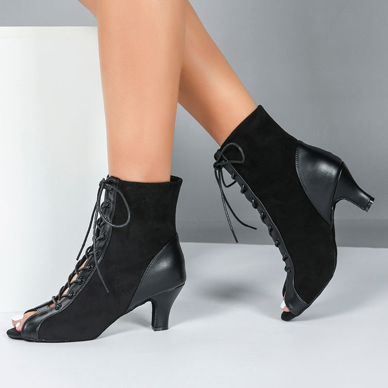 Women's Black Real Leather Customized Heel Dance Boots JazSalsa Dance Shoes