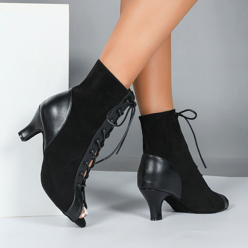 Women's Black Real Leather Customized Heel Dance Boots JazSalsa Dance Shoes