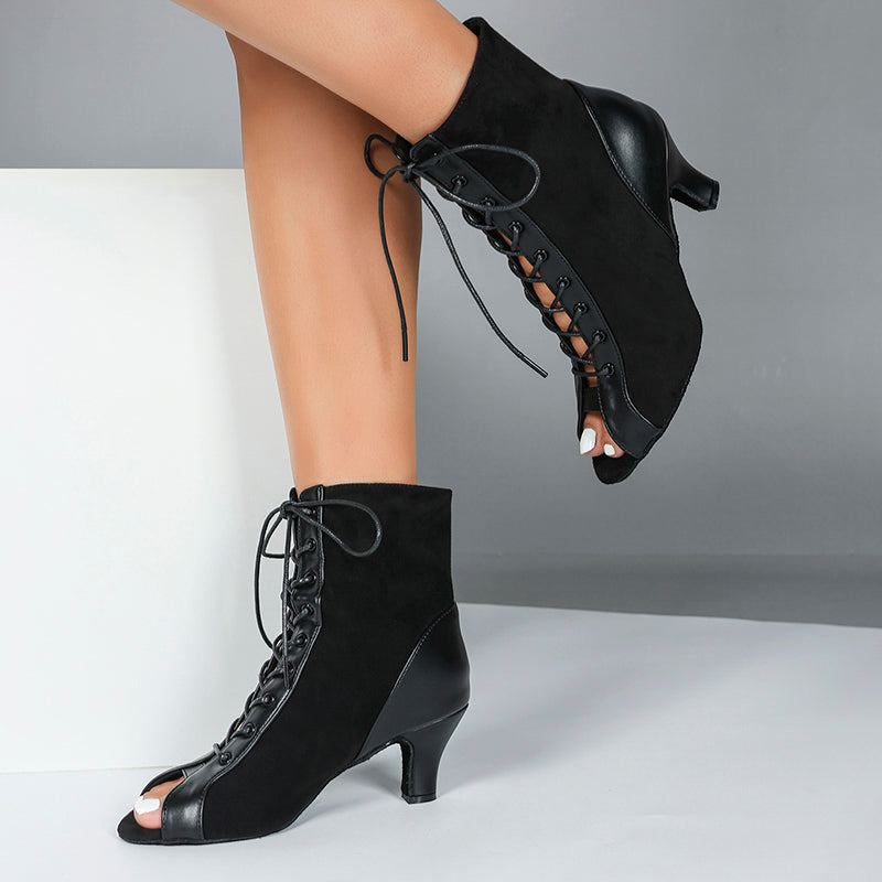 Women's Black Real Leather Customized Heel Dance Boots JazSalsa Dance Shoes