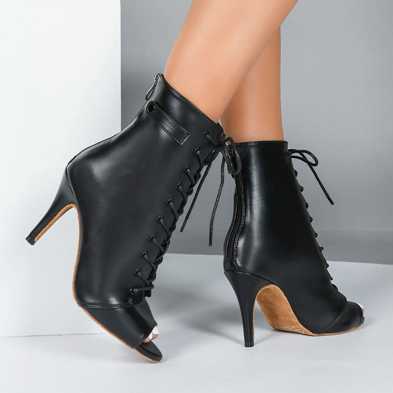 Women's Black Leatherette Customized Heel Suede Heel Dance Boots Salsa JazDance Shoes