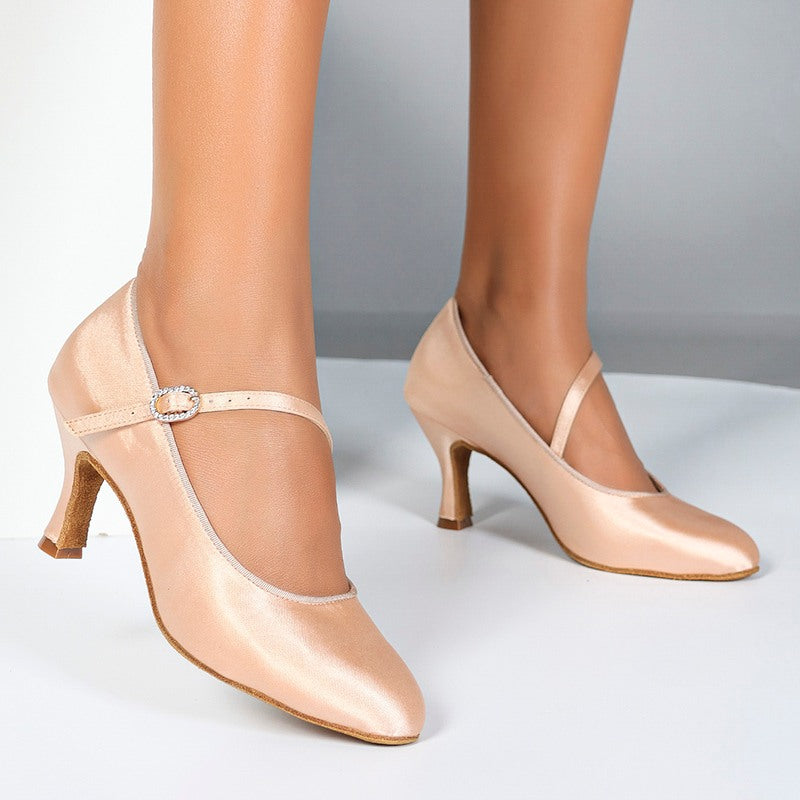 Women's Light Brown Satin Custom Heels Closed Toe Pumps Ballroom Modern Dance Shoes