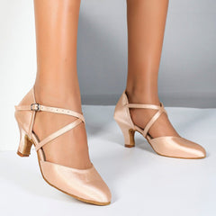 Women's Flesh Pink Satin Customized Heel Closed Toe Ballroom Dance Shoes Modern Shoes