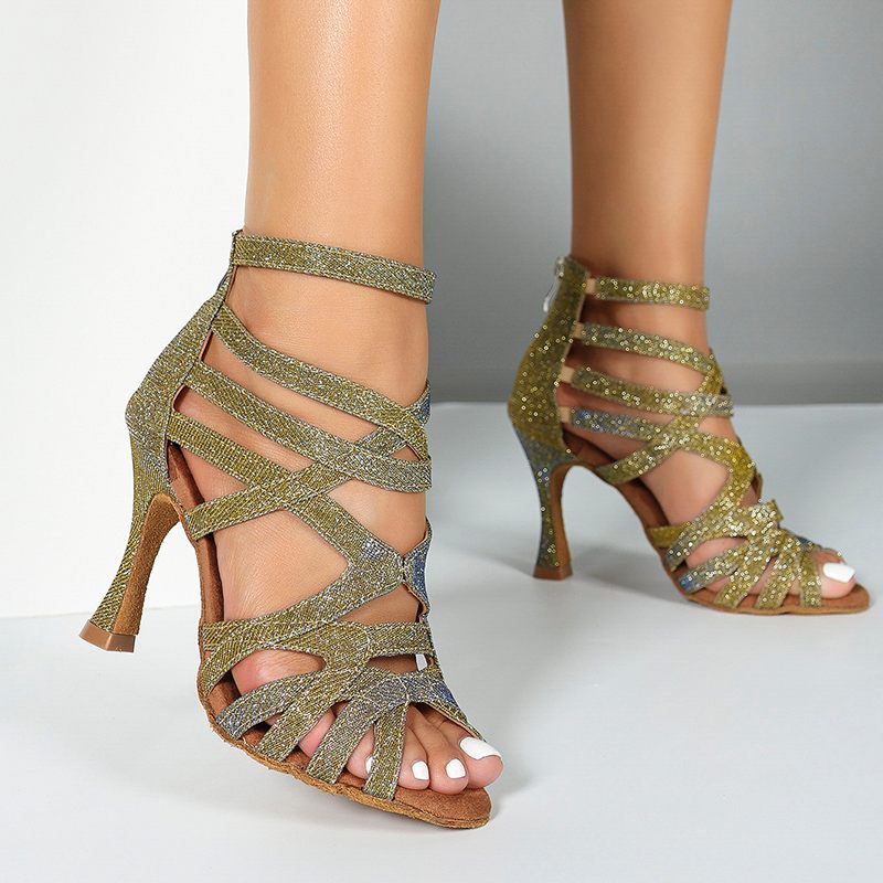 Women's Gold Gliiter Customized Heels Dance Boots JazSalsa Dancing Shoes