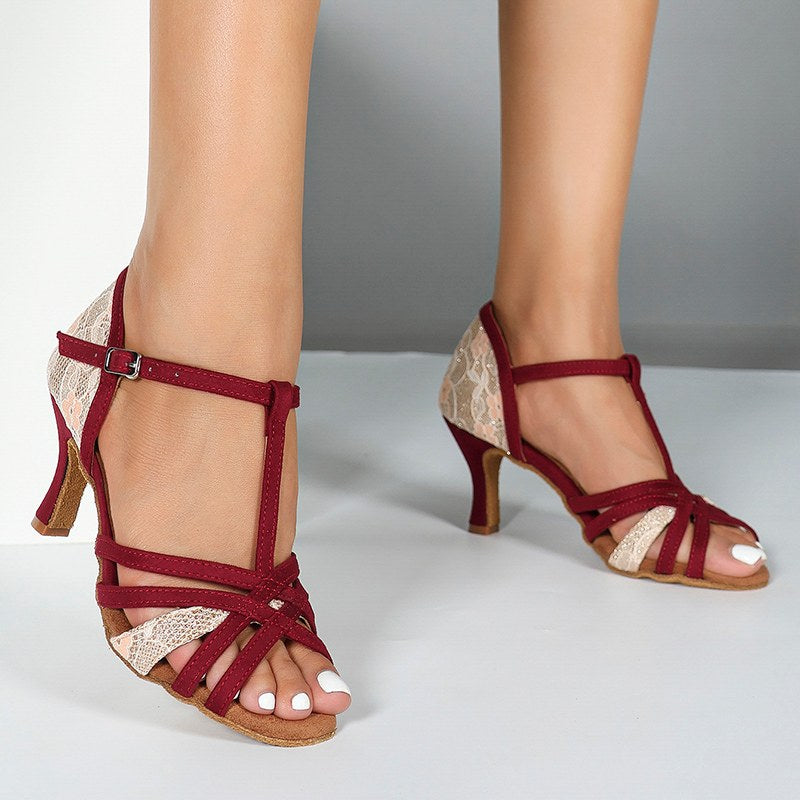Women's Burgundy Customized Heel Latin Dance Shoes