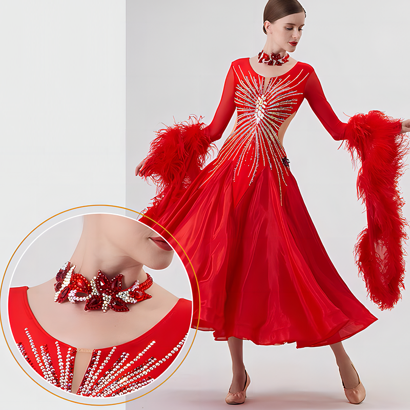 YUN Customisable-Women's Long Sleeve Mesh Round Neck DiamonDress For Ballroom Dancing Smooth Dress