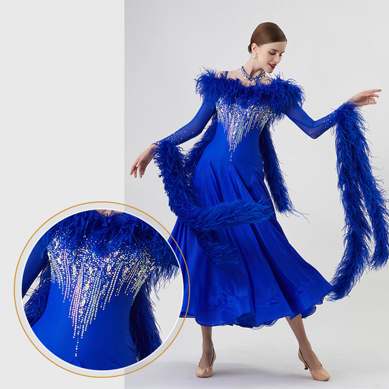 YUN Customisable-Women's Long Sleeve Backless DiamonWaltModern Ballroom Dance Dress Competition Dresses (With Necklace)