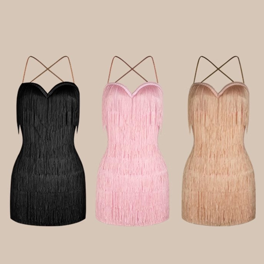 Women's Milk Silk Strapless Backless Tassel Dance Dress DanceWear