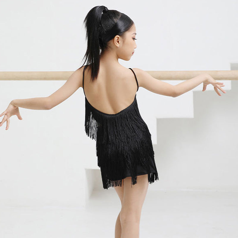 Girls Polyester Spaghetti Strap Tassel Latin Dance Dress Dance Wear