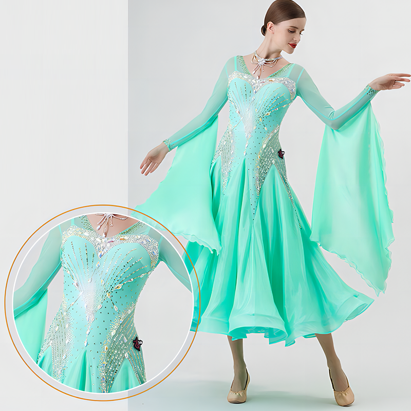 YUN Customisable-Women's Long Sleeve Backless VNeck DiamonDress For Ballroom Dancing Smooth Dress