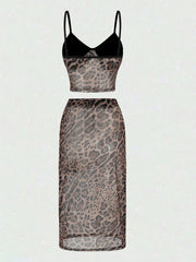 Leopard Print Patchwork Tube Top Sequin Midi Skirt 2pcs Set-Brown Pre Order