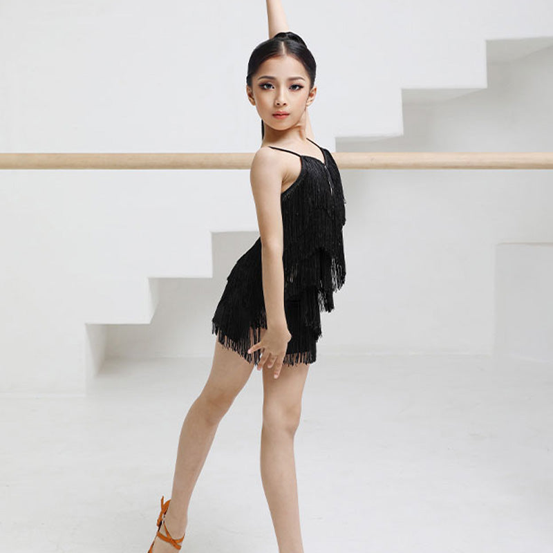 Girls Polyester Spaghetti Strap Tassel Latin Dance Dress Dance Wear
