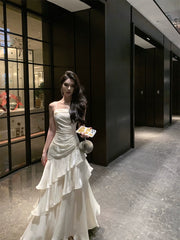 Tight-Waist Netted Figure-Hugging Dress - White