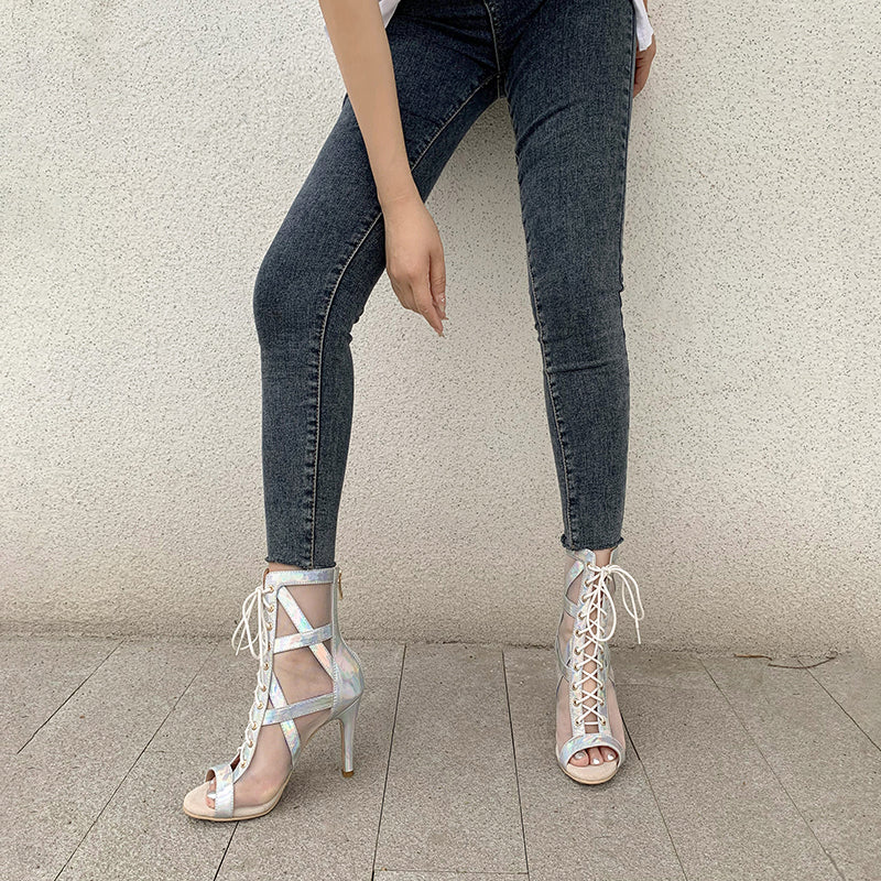 Women's Silver 7.5cm/10cm Heel Peep Toe Rubber Sole JazShoes Dance Boots