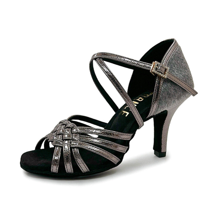 Women's Gray Leatherette Customized Heel Latin Dance Shoes Ballroom Dance Shoes