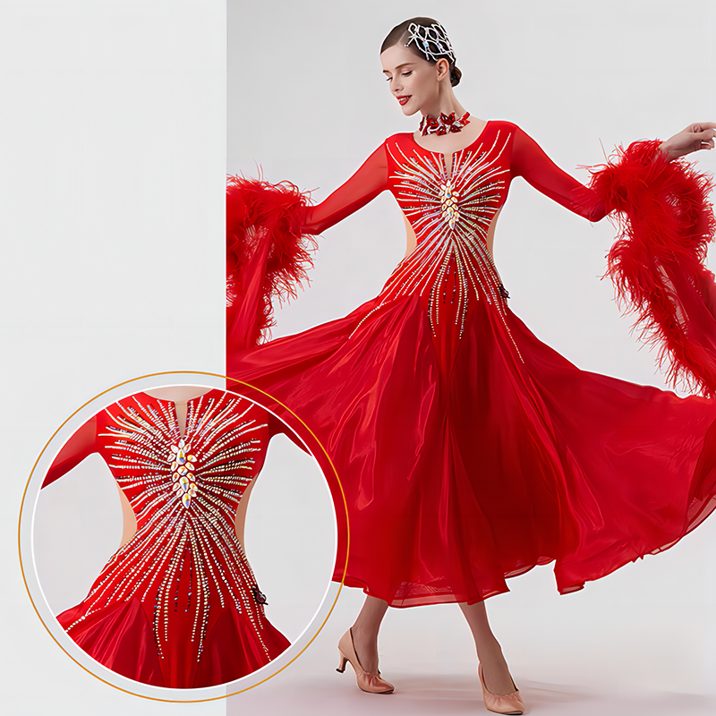 YUN Customisable-Women's Long Sleeve Mesh Round Neck DiamonDress For Ballroom Dancing Smooth Dress