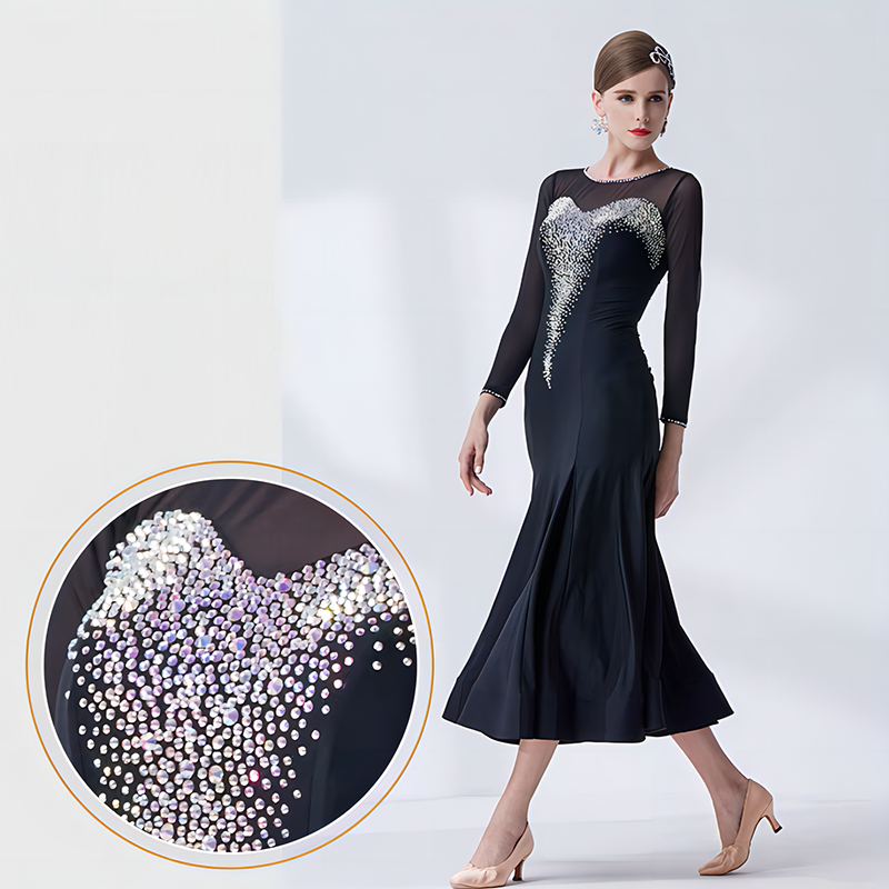 YUN Customisable-Women's Long Sleeve Mesh DiamonDress For Ballroom Dancing standard/Smooth Dress