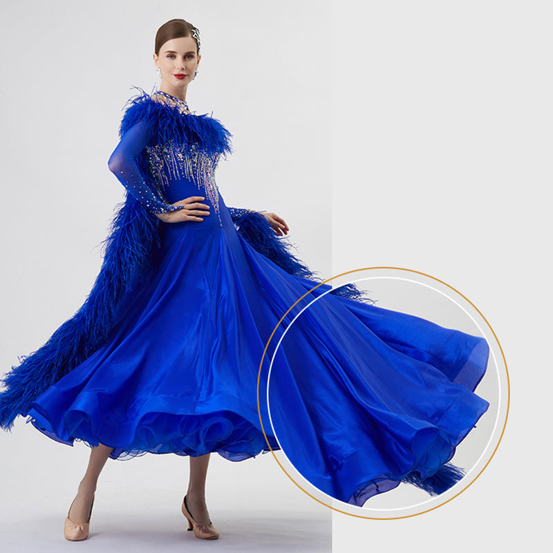 YUN Customisable-Women's Long Sleeve Backless DiamonWaltModern Ballroom Dance Dress Competition Dresses (With Necklace)