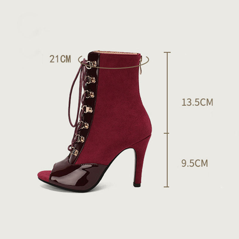 Women's 7cm/9cm Slim Heel Patchwork Leatherette Rubber Sole Peep Toe Lace-up JazShoes Dance Boots