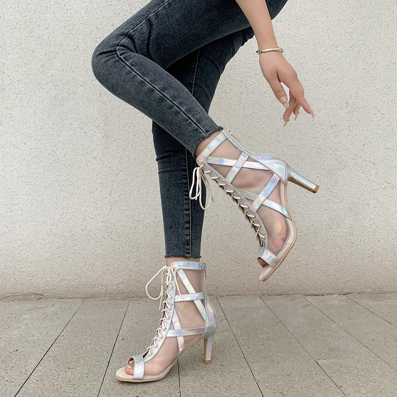 Women's Silver 7.5cm/10cm Heel Peep Toe Rubber Sole JazShoes Dance Boots