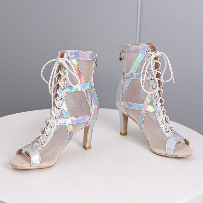 Women's Silver 7.5cm/10cm Heel Peep Toe Rubber Sole JazShoes Dance Boots