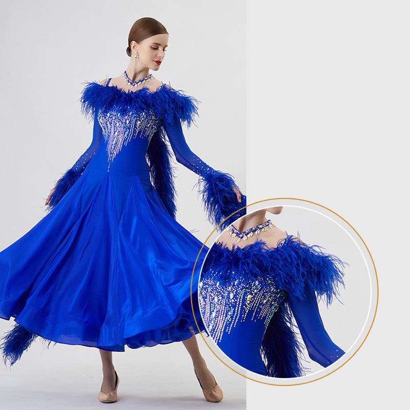 YUN Customisable-Women's Long Sleeve Backless DiamonWaltModern Ballroom Dance Dress Competition Dresses (With Necklace)