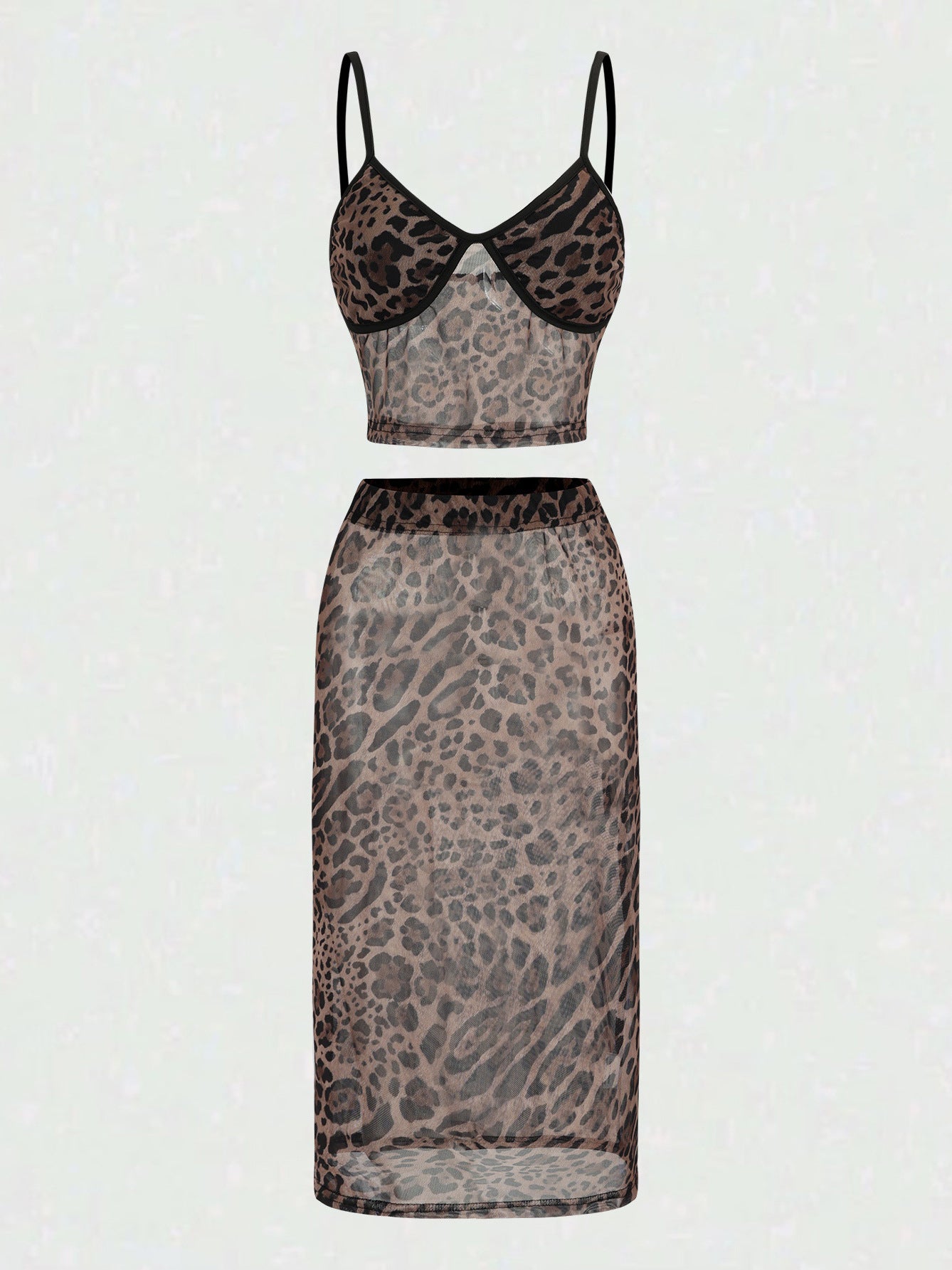 Leopard Print Patchwork Tube Top Sequin Midi Skirt 2pcs Set-Brown Pre Order