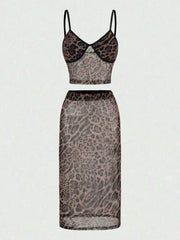 Leopard Print Patchwork Tube Top Sequin Midi Skirt 2pcs Set-Brown Pre Order