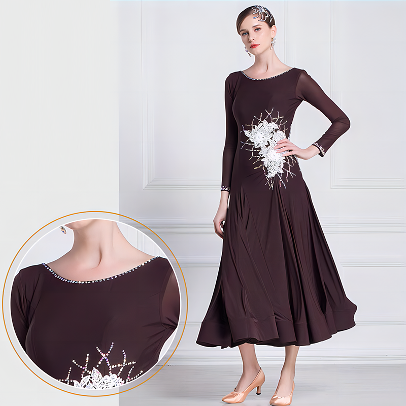 YUN Customisable-Women's Long Sleeve Applique with DiamonWaltModern Ballroom Dance Dress