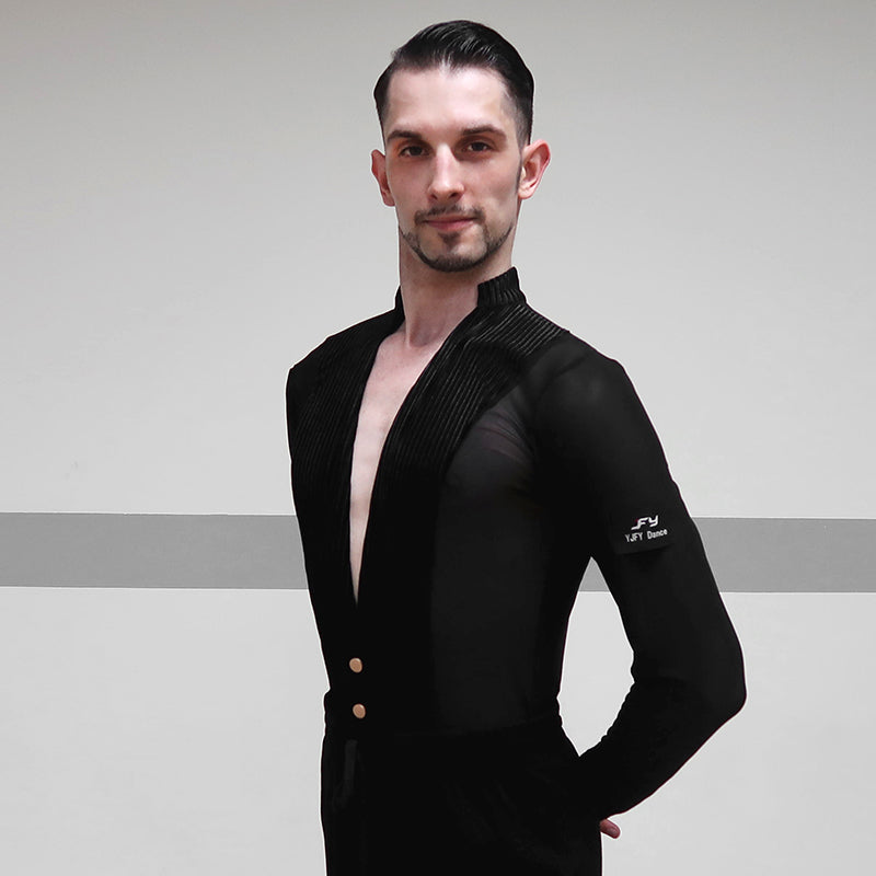 YJFY-Men's Long Sleeve V Neck Latin Dance Tops Dance Wear