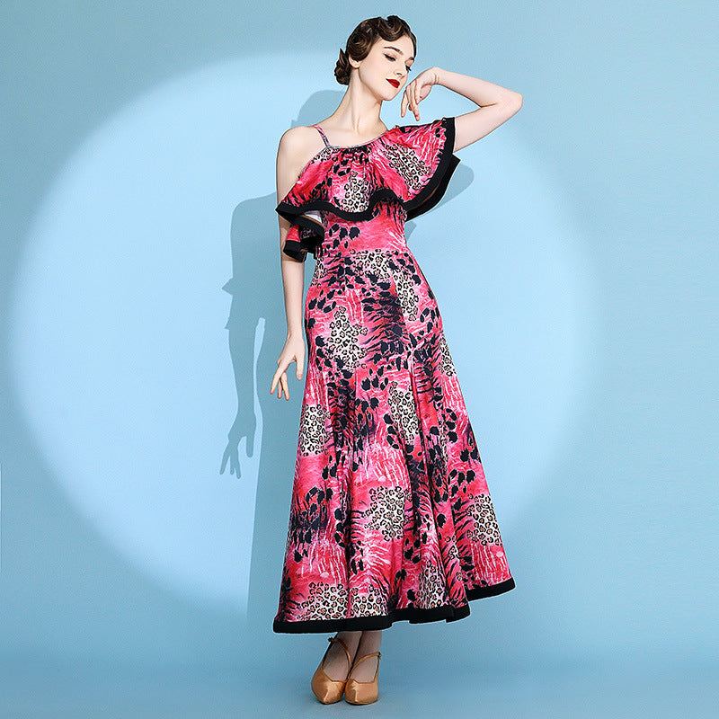 Women's Red Print Modern Dance Performance Dress WaltBallroom Dance Dress
