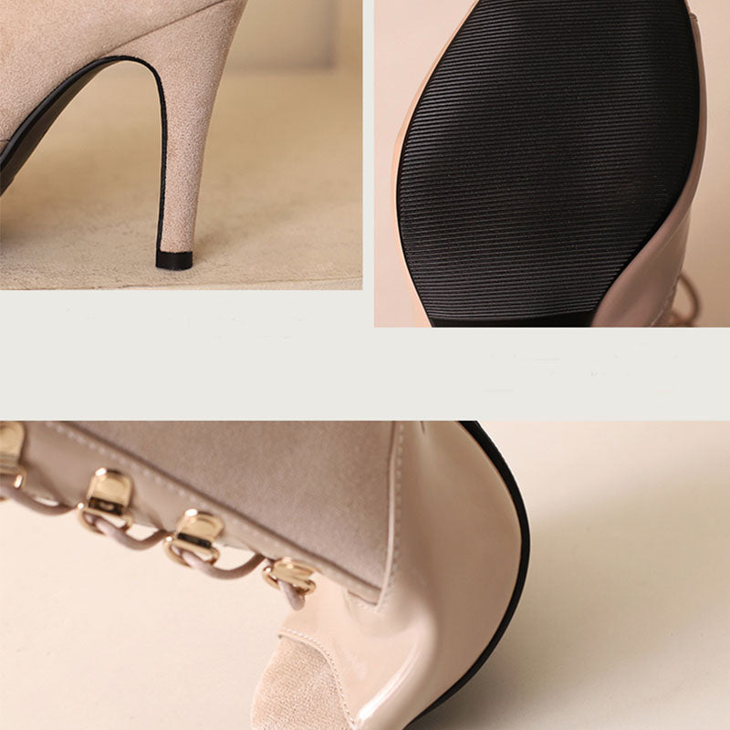 Women's 7cm/9cm Slim Heel Patchwork Leatherette Rubber Sole Peep Toe Lace-up JazShoes Dance Boots