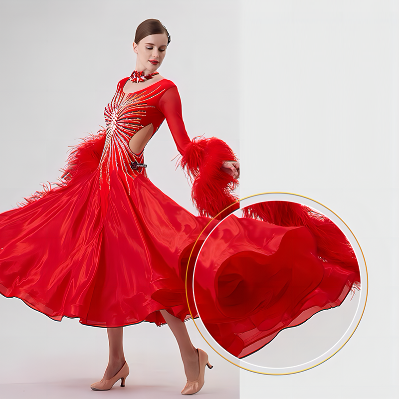 YUN Customisable-Women's Long Sleeve Mesh Round Neck DiamonDress For Ballroom Dancing Smooth Dress