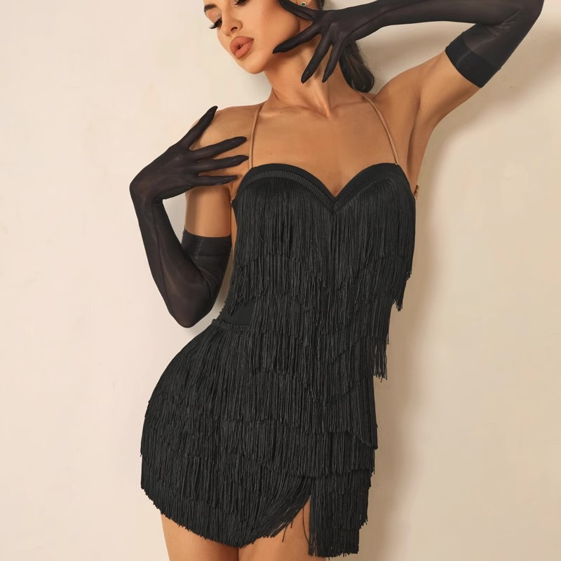 Women's Milk Silk Strapless Backless Tassel Dance Dress DanceWear