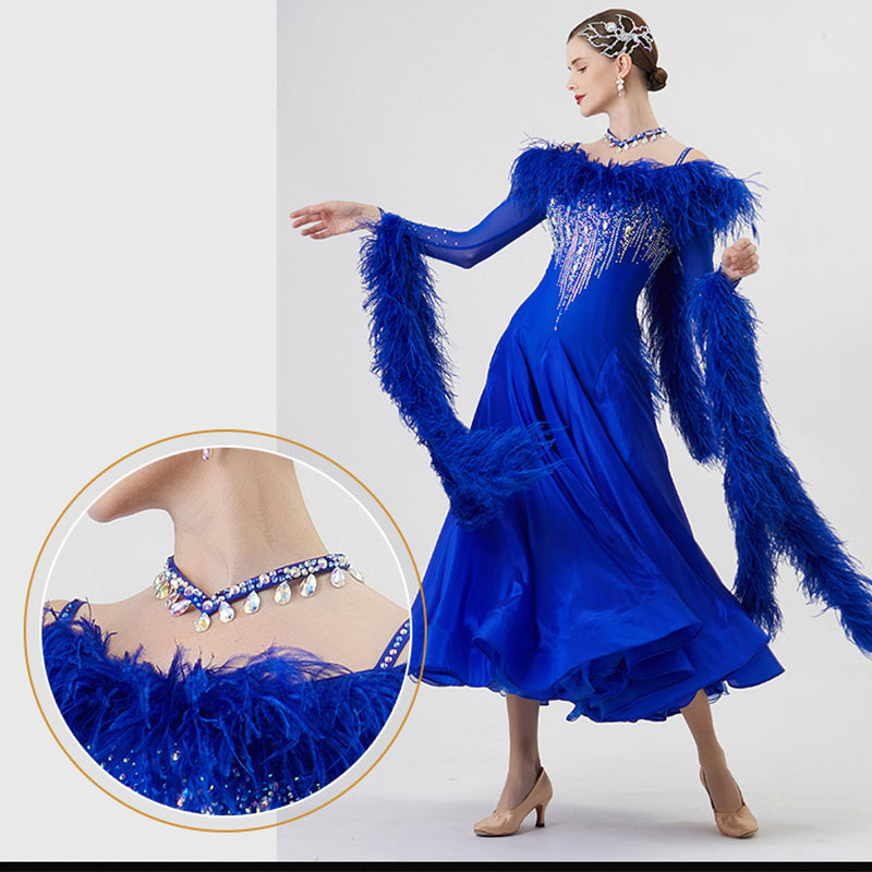YUN Customisable-Women's Long Sleeve Backless DiamonWaltModern Ballroom Dance Dress Competition Dresses (With Necklace)