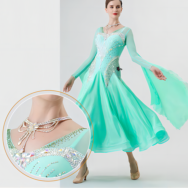 YUN Customisable-Women's Long Sleeve Backless VNeck DiamonDress For Ballroom Dancing Smooth Dress