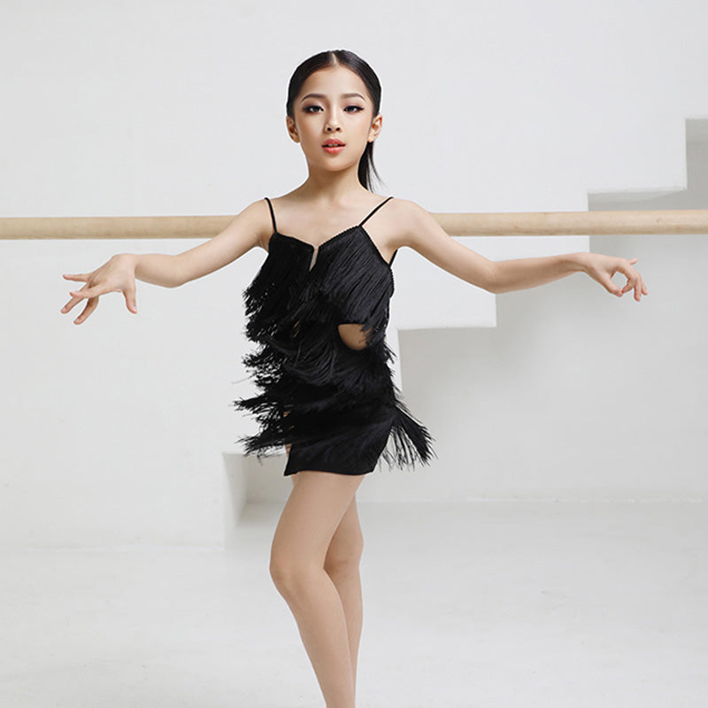 Girls Polyester Spaghetti Strap Tassel Latin Dance Dress Dance Wear