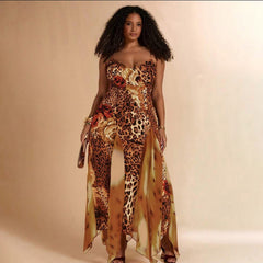 Off Shoulder Rosette Leopard Print Irregular Hem Maxi Dresses-Red Pre Order