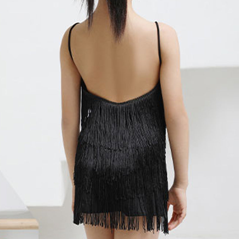 Girls Polyester Spaghetti Strap Tassel Latin Dance Dress Dance Wear