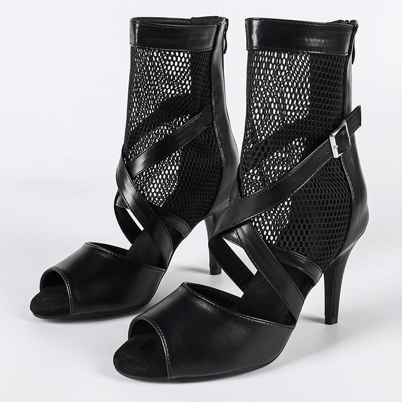 Women's Black Leatherette Rubber Sole Customized Heel Heels Dancer Boots JazSalsa Dancing Shoes