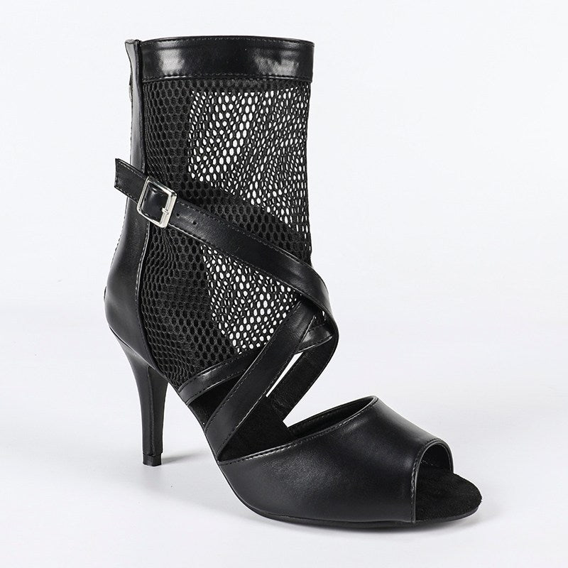 Women's Black Leatherette Rubber Sole Customized Heel Heels Dancer Boots JazSalsa Dancing Shoes