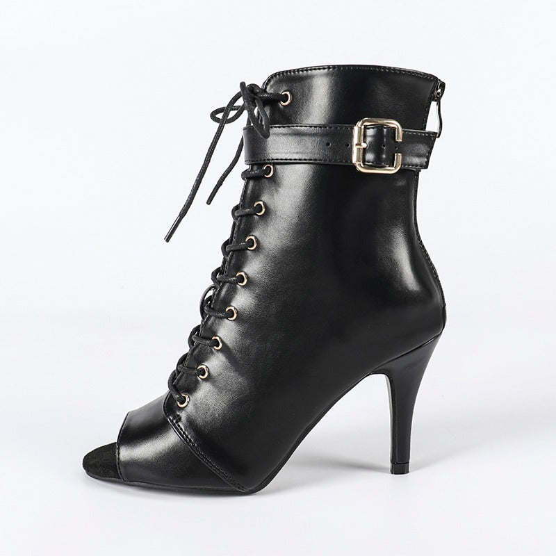 Women's Black 7cm/9cm Heel Rubber Sole Leatherette JazShoes Open Toe Dance Heels Boots