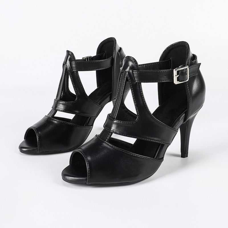 Women's Black Leatherette Rubber Sole Customized Heel Buckle Salsa Dance Heels Dance Boots Dance Shoes