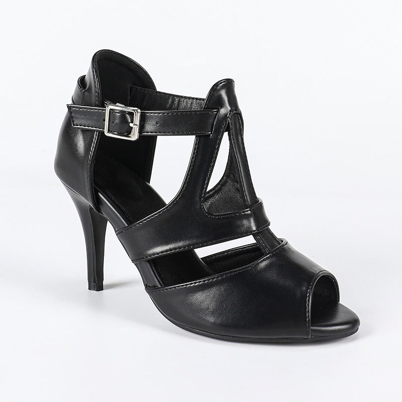 Women's Black Leatherette Rubber Sole Customized Heel Buckle Salsa Dance Heels Dance Boots Dance Shoes
