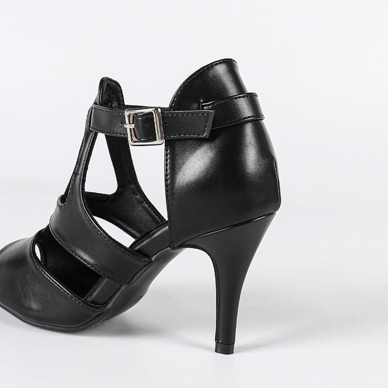 Women's Black Leatherette Rubber Sole Customized Heel Buckle Salsa Dance Heels Dance Boots Dance Shoes