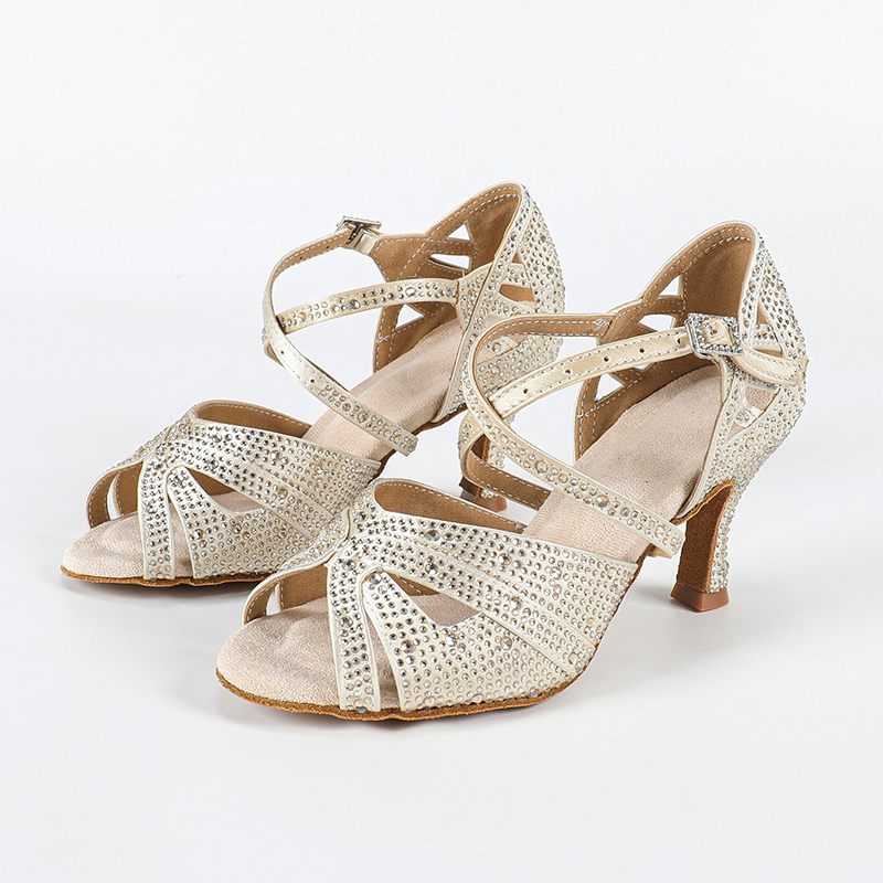 Women's Beige Customized Heel Open Toe Strappy Latin Dance Shoes