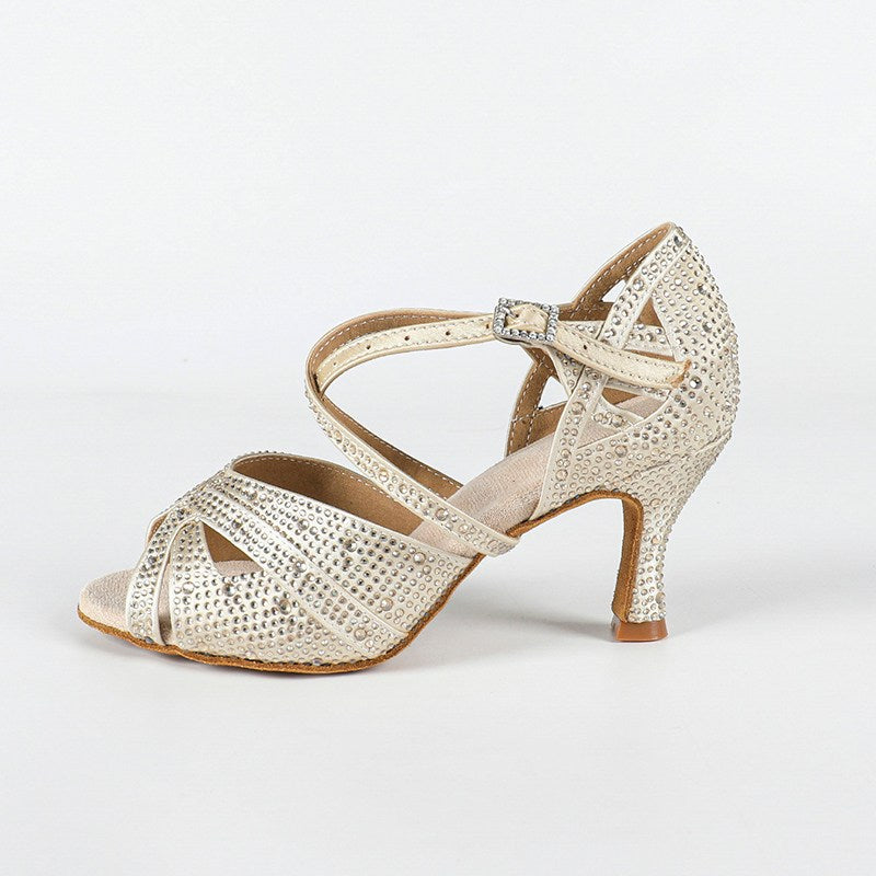 Women's Beige Customized Heel Open Toe Strappy Latin Dance Shoes