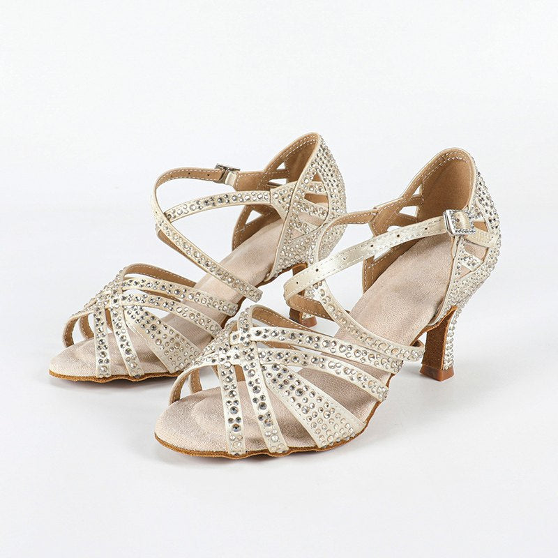 Women's Beige Customized Heel Open Toe Strappy Dance Shoes With Crystals