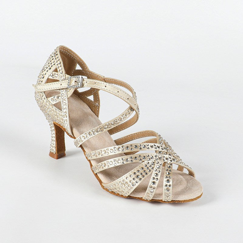 Women's Beige Customized Heel Open Toe Strappy Dance Shoes With Crystals