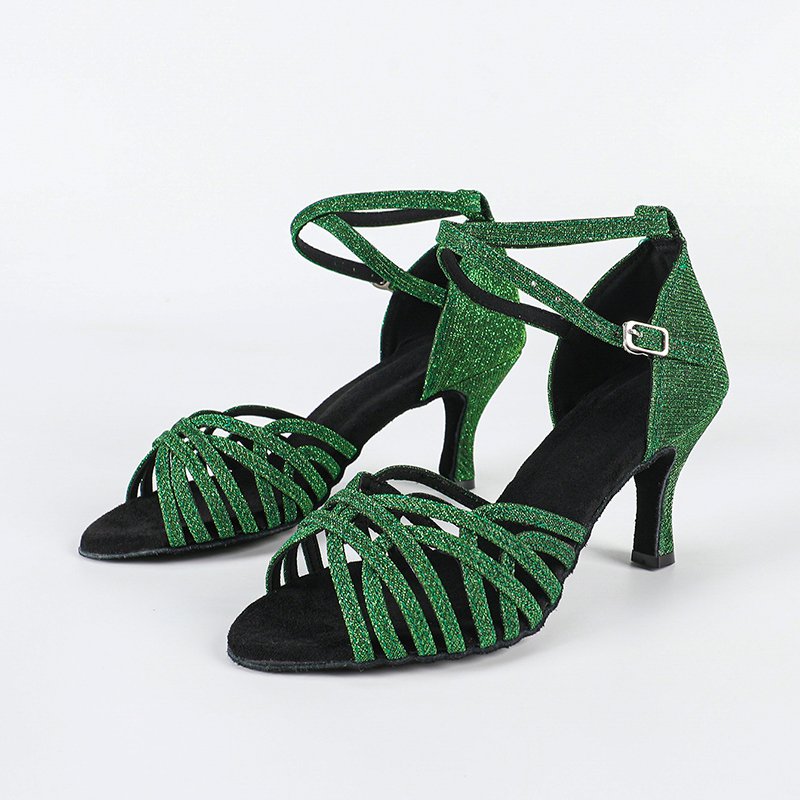 Women's Green Gliiter Customized Heel Latin Dance Shoes