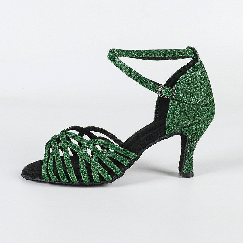 Women's Green Gliiter Customized Heel Latin Dance Shoes